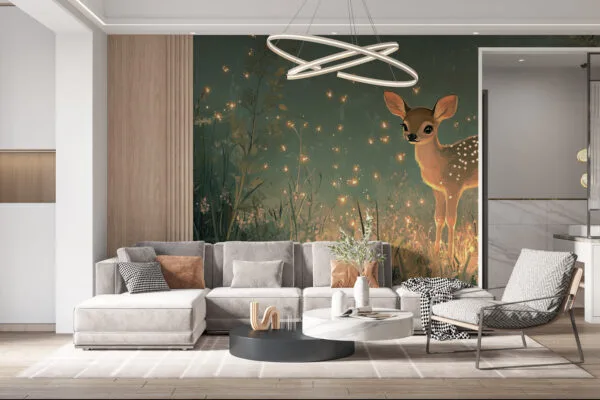 A serene woodland scene featuring a young fawn in a magical forest setting.