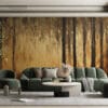 Stylized landscape with tall trees and warm gradient background