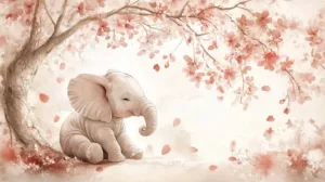 Alternative view of Serene Young Elephant Beneath Pink Blossoms Wall Mural