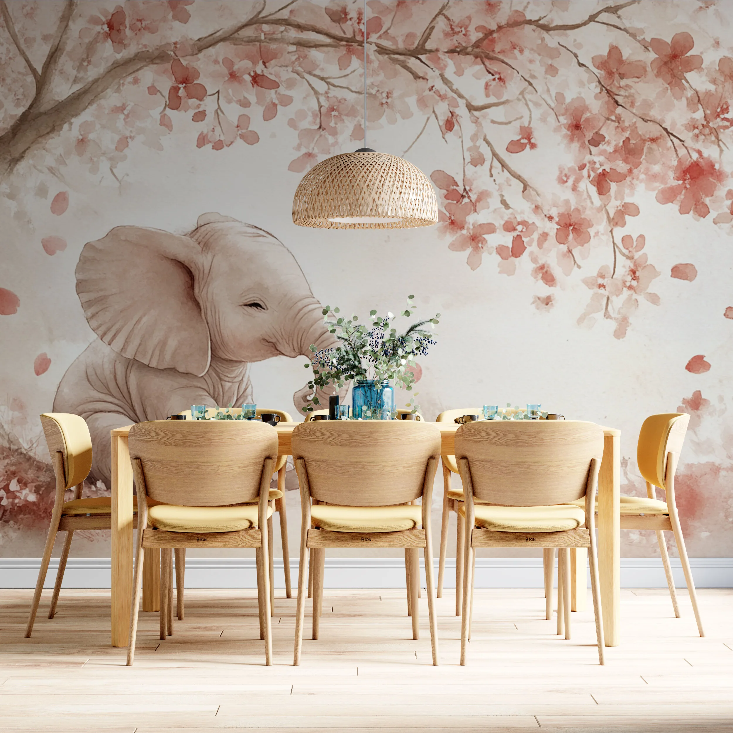 Rendered wallpaper image for Serene Young Elephant Beneath Pink Blossoms Wall Mural