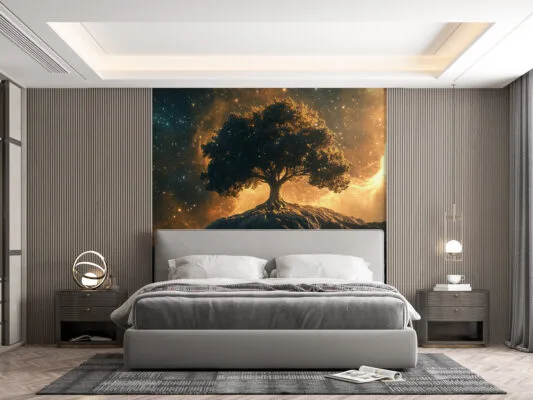 Solitary tree on rocky outcrop against a cosmic backdrop with stars and nebula.