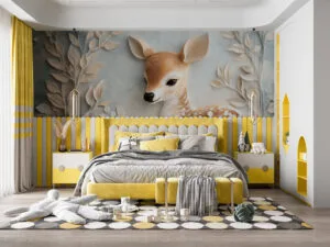 Stylized depiction of a deer surrounded by floral elements against a pastel background