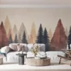Stylized forest scene featuring various trees in earthy tones||