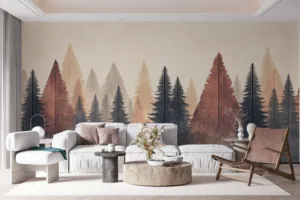 Stylized forest scene featuring various trees in earthy tones||