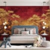 Stylized landscape featuring trees with a richly textured background in warm colors.