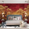 Stylized landscape featuring trees with a richly textured background in warm colors.||