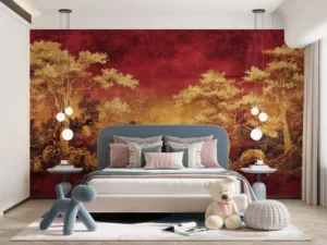 Stylized landscape featuring trees with a richly textured background in warm colors.||