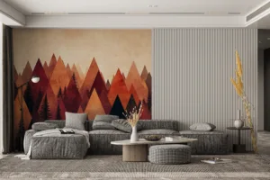 Stylized landscape of mountains in warm colors||