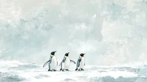 Alternative view of Stylized Penguins in Snowy Landscape Wall Mural
