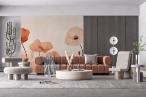 Stylized poppy flowers in soft peach|coral|and beige colors