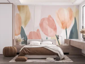 Stylized tulips in soft pink hues with green leaves and gold accents on a muted background.||