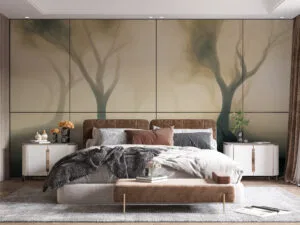 Surreal landscape featuring abstract trees in a misty forest with soft colors.