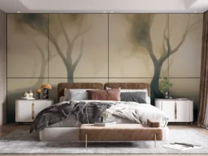 Surreal landscape featuring abstract trees in a misty forest with soft colors.||