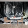 Surreal forest scene with distorted tree trunks in black|white|and gray.