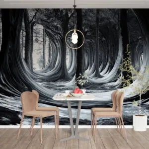 Surreal forest scene with distorted tree trunks in black
