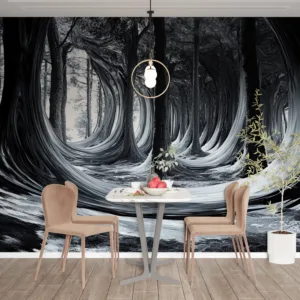 Surreal forest scene with distorted tree trunks in black|white|and gray.