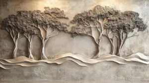 Alternative view of Textured Artistic Representation of Trees and Waves Wall Mural