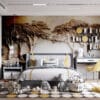 Textured wall art featuring trees and waves in gray and beige tones.
