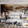Textured wall art featuring trees and waves in gray and beige tones.||