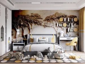Textured wall art featuring trees and waves in gray and beige tones.||