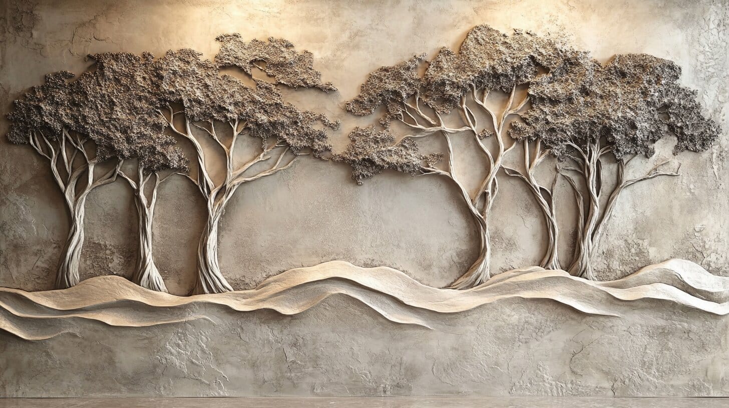 Main product image for Textured Artistic Representation of Trees and Waves Wall Mural