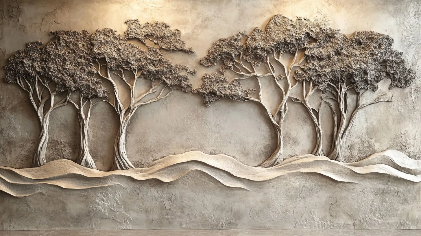 Main product image for Textured Artistic Representation of Trees and Waves Wall Mural