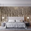 Textured relief sculpture of a serene forest scene with warm beige and brown tones.