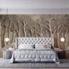 Textured relief sculpture of a serene forest scene with warm beige and brown tones.||