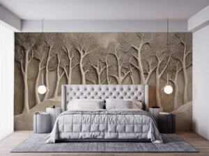 Textured relief sculpture of a serene forest scene with warm beige and brown tones.
