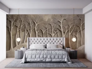 Textured relief sculpture of a serene forest scene with warm beige and brown tones.||