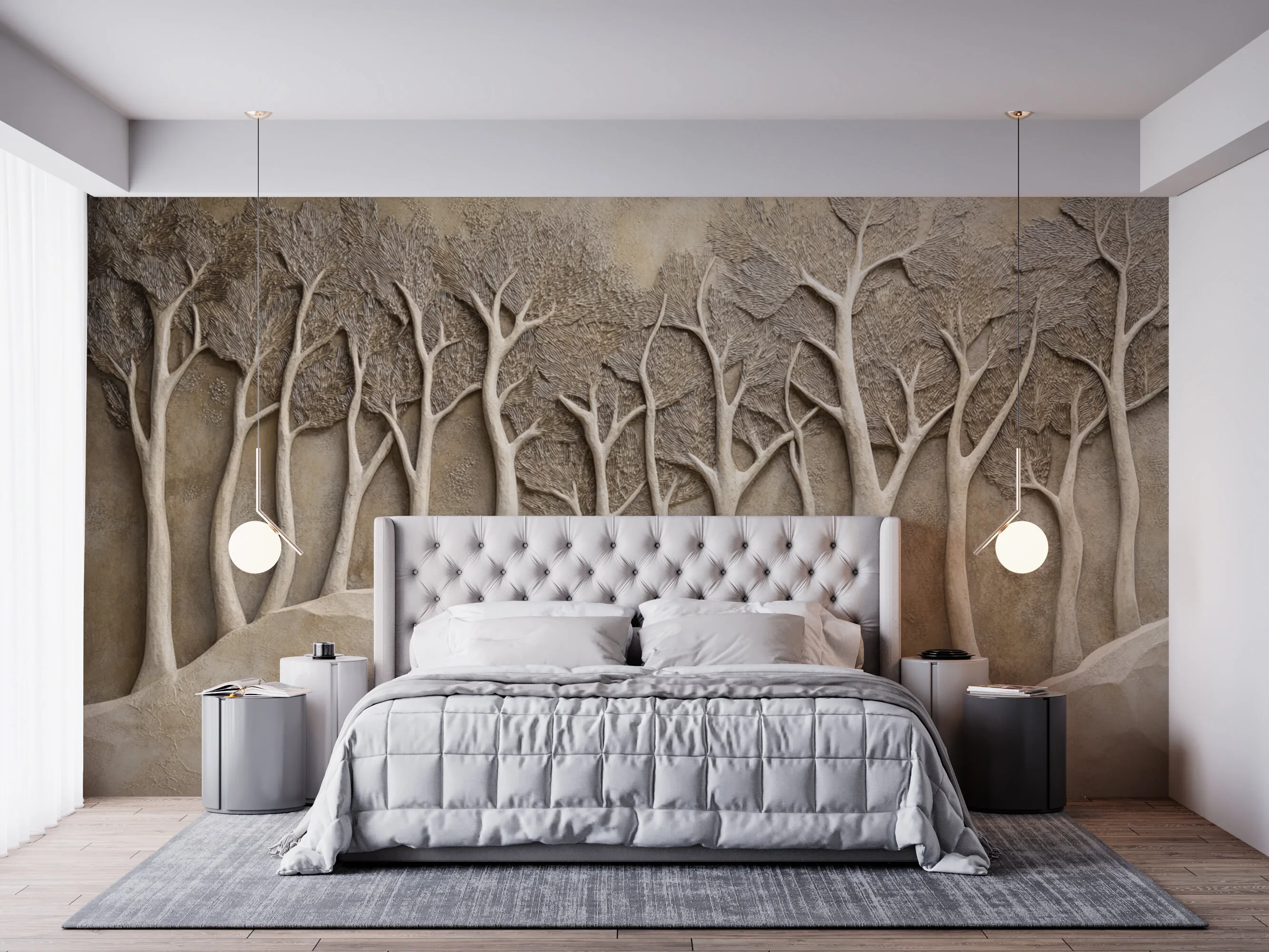 Rendered wallpaper image for Textured Forest Scene Relief Sculpture Wall Mural