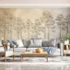 Textured relief artwork of trees in serene neutral tones||