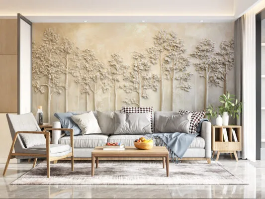 Textured relief artwork of trees in serene neutral tones