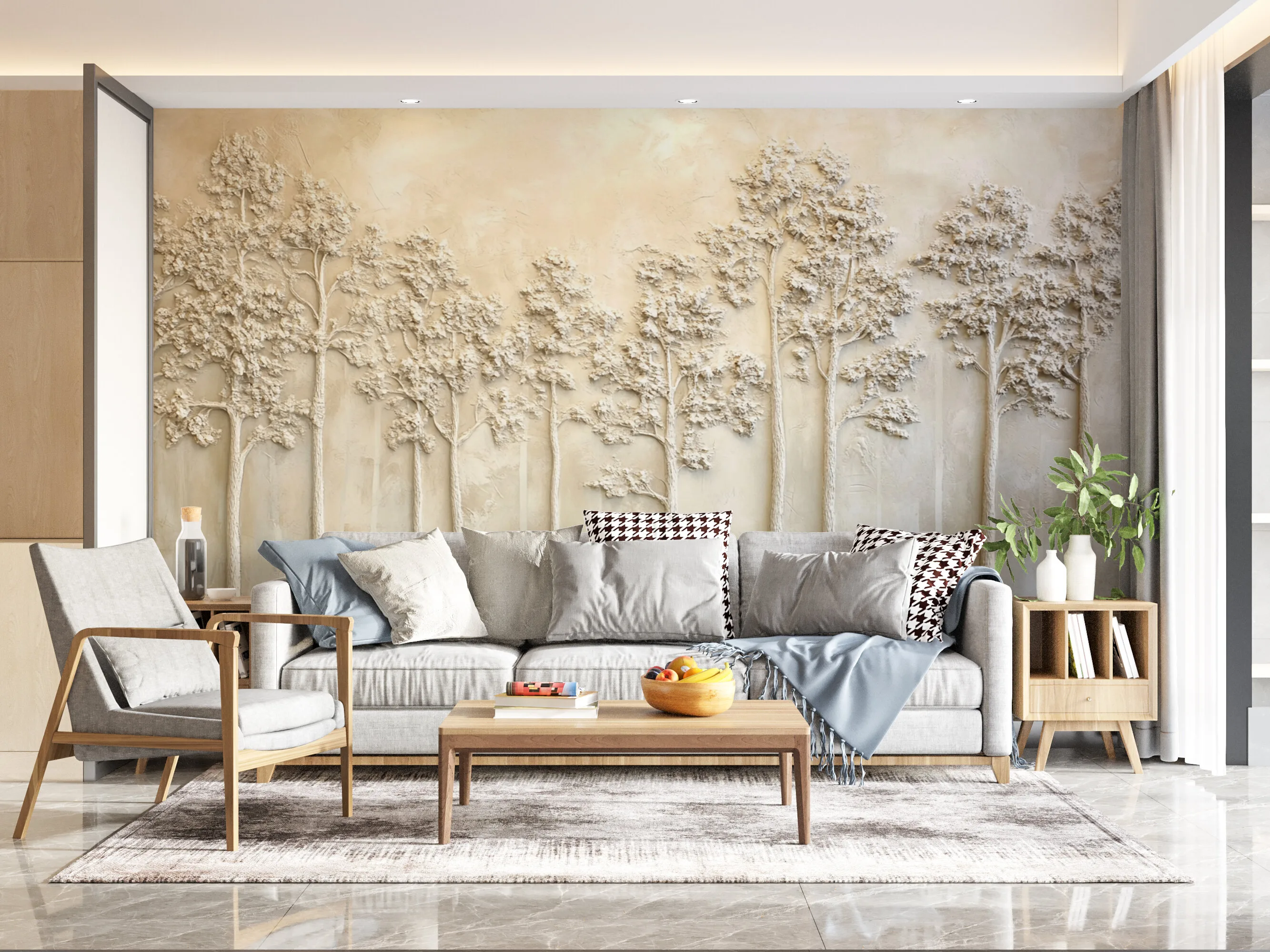 Rendered wallpaper image for Textured Relief Artwork of Trees Wall Mural