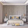 Textured wall art design with stylized trees in neutral colors||