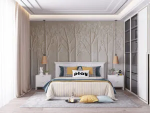 Textured wall art design with stylized trees in neutral colors