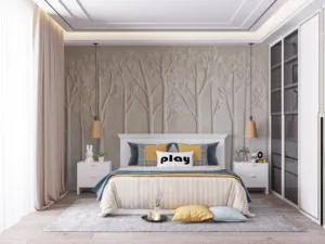 Textured wall art design with stylized trees in neutral colors||