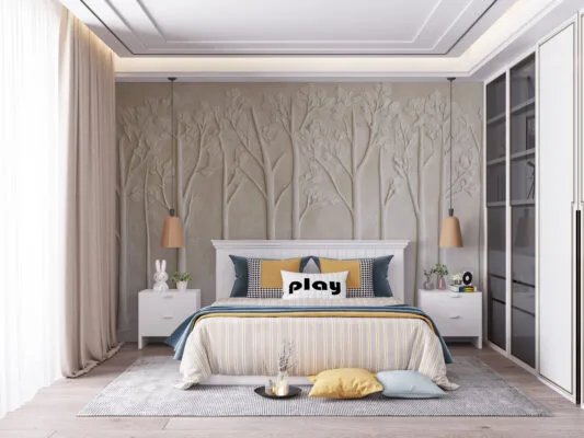 Textured wall art design with stylized trees in neutral colors