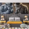 Two anthropomorphic monkeys in formal attire examining documents in an urban street art setting.||