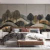 Abstract landscape artwork with rolling hills and trees in calming colors||