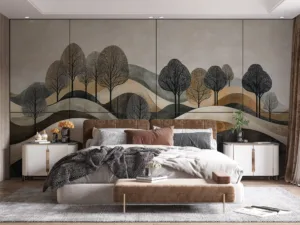 Abstract landscape artwork with rolling hills and trees in calming colors||