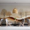 Tranquil abstract landscape featuring four stylized trees in soft colors.