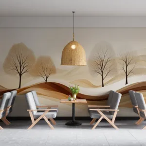 Tranquil abstract landscape featuring four stylized trees in soft colors.||