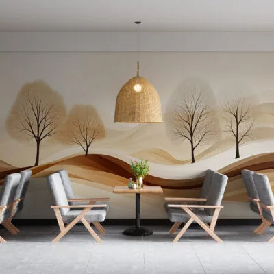 Tranquil abstract landscape featuring four stylized trees in soft colors.