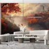 Serene autumn landscape with traditional architecture and flowing river