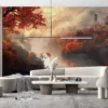 Serene autumn landscape with traditional architecture and flowing river||