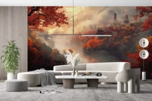 Serene autumn landscape with traditional architecture and flowing river||