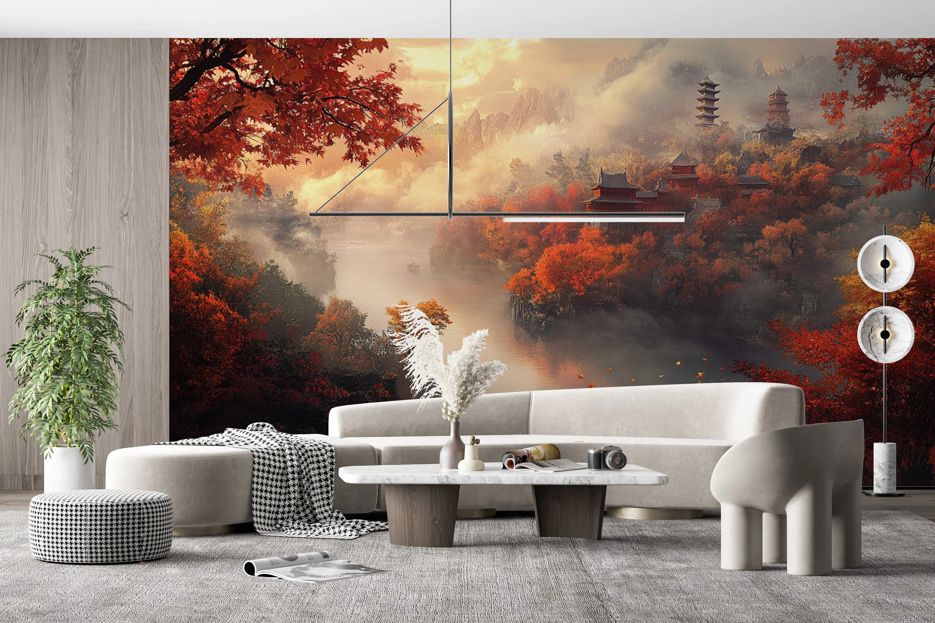 Rendered wallpaper image for Tranquil Autumn Landscape with Traditional Architecture Wall Mural