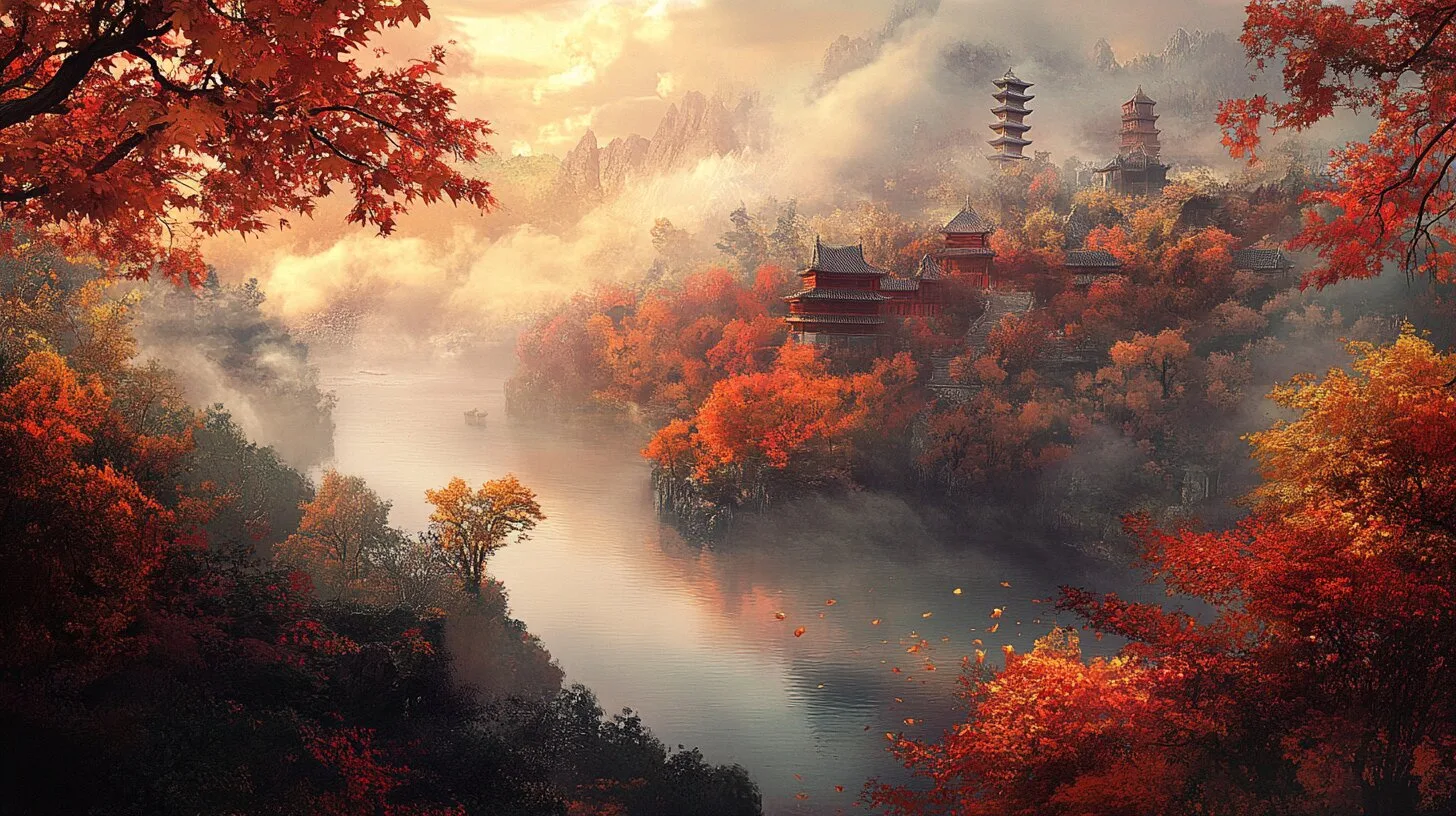 Main product image for Tranquil Autumn Landscape with Traditional Architecture Wall Mural