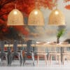 A serene autumn landscape with a traditional pagoda by tranquil water